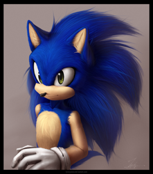 Size: 1200x1356 | Tagged: safe, artist:lynjox, sonic the hedgehog, 2015, border, grey background, lineless, looking offscreen, male, simple background, smile, solo, standing