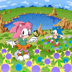 Size: 1080x1080 | Tagged: artist needed, safe, amy rose, sonic the hedgehog, butterfly, flowers, never lake