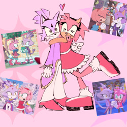 Size: 1280x1280 | Tagged: safe, artist:yellowceiling, amy rose, blaze the cat, abstract background, amy x blaze, amybetes, cute, flat colors, frown, heart, heart tongue, hugging, lesbian, reference inset, shipping, sparkles, standing