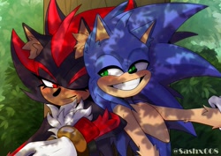 Size: 1433x1013 | Tagged: safe, artist:sashx008, shadow the hedgehog, sonic the hedgehog, 2025, abstract background, arm fluff, blushing, chest fluff, clenched teeth, cute, daytime, duo, ear fluff, eyelashes, gay, grass, leaning on them, looking at each other, one eye closed, outdoors, shadow x sonic, shadowbetes, shipping, signature, smile, tree, under a tree