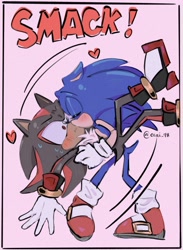 Size: 1477x2014 | Tagged: safe, artist:erai_98, shadow the hedgehog, sonic the hedgehog, 2025, blushing, border, carrying them, duo, gay, heart, holding them, meme, pink background, sfx, shadow x sonic, shipping, signature, simple background, smack