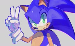 Size: 1407x874 | Tagged: safe, artist:paiirupie, sonic the hedgehog, 2025, grey background, looking at viewer, simple background, smile, solo, standing, v sign