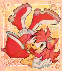 Size: 1778x2048 | Tagged: safe, artist:rottentherat, amy rose, 2025, abstract background, amybetes, blushing, cute, fangs, flower, flower in ear, looking at viewer, messy hair, mouth open, open mouth, open smile, outline, signature, smile, solo, upside down