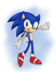 Size: 828x1053 | Tagged: safe, artist:sleepy3head, sonic the hedgehog, hedgehog, blue fur, green eyes, happy, looking at viewer, open mouth, red shoes, simple background, smile, solo, standing, waving