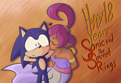 Size: 3800x2600 | Tagged: safe, artist:carbonatedjem, shahra, sonic the hedgehog, anniversary, duo, english text, eyes closed, heart, kiss, kiss on cheek, shahra x sonic, shipping, sonic and the secret rings, standing, straight