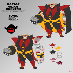 Size: 6000x6000 | Tagged: safe, artist:freehdmcgee, robotnik, series:sonic revolt, belt, black sclera, cape, character sheet, eggman empire logo, glowing, julian robotnik, logo, muscle gut, mustache, necktie, obese, redesign, reference sheet, roboticized, smiling