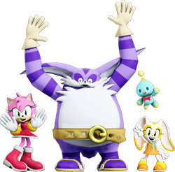 Size: 2688x2647 | Tagged: safe, artist:spinoskingdom875, amy rose, big the cat, cheese (chao), cream the rabbit, chao, sonic heroes, 2020, arms up, clenched fist, flying, group, looking at viewer, mid-air, mouth open, neutral chao, open mouth, open smile, posing, redraw, simple background, smile, standing, team rose, transparent background, victory pose, waving