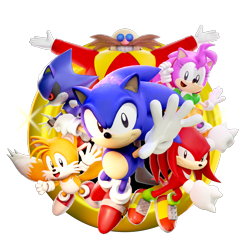 Size: 1920x1913 | Tagged: safe, artist:spinoskingdom875, amy rose, knuckles the echidna, metal sonic, miles "tails" prower, robotnik, sonic the hedgehog, human, sonic origins, 2022, 3d, black sclera, classic amy, classic knuckles, classic robotnik, classic sonic, classic tails, clenched fist, group, looking at viewer, looking offscreen, redraw, robot, simple background, smile, transparent background, waving