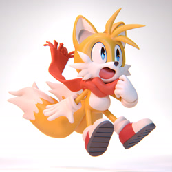 Size: 1920x1920 | Tagged: safe, artist:carlos díaz, miles "tails" prower, 3d, looking offscreen, mouth open, open mouth, open smile, redraw, scarf, simple background, smile, solo, white background