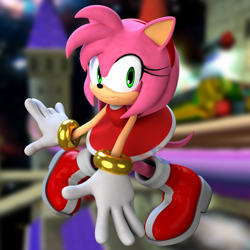 Size: 3840x3840 | Tagged: safe, artist:hunicrio, amy rose, sonic adventure, 2024, 3d, abstract background, looking at viewer, redraw, smile, solo, twinkle park