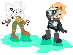 Size: 1575x1190 | Tagged: safe, artist:mallum153, lanolin the sheep, whisper the wolf, sheep, wolf, bell, boots, clock, duo, ears, fanart, female, gloves, glue, goop, horns, mask, slime, sticky, struggle, stuck, tooth, traced, trousers, vest, whisper's mask