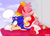 Size: 4257x3080 | Tagged: safe, artist:dirtyteethkoi, artist:dirtyteeths, amy rose, sonic the hedgehog, hedgehog, sonic x, 2020, abstract background, blushing, dress, duo, eyes closed, female, frown, hammer, hand on hip, holding something, lying on front, male, mouth open, piko piko hammer, redraw, signature, sitting on them, speech bubble, sweatdrop