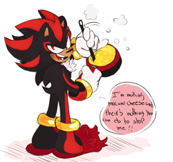 Size: 3520x3306 | Tagged: safe, artist:dirtyteethkoi, artist:dirtyteeths, shadow the hedgehog, 2020, bowl, dialogue, english text, eyelashes, food, holding something, looking at viewer, looking back, looking back at viewer, looking over shoulder, mac and cheese, mixing, mouth open, pasta, shadow (lighting), simple background, slippers, smile, solo, speech bubble, white background