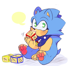 Size: 2864x2664 | Tagged: safe, artist:dirtyteethkoi, artist:dirtyteeths, sonic the hedgehog, 2020, aged down, baby, baby sonic, barefoot, bib, blushing, building block, cute, eyelashes, gloves off, holding something, looking at viewer, pawpads, paws, saliva, shadow (lighting), simple background, sitting, solo, sonabetes, speech bubble, white background, young