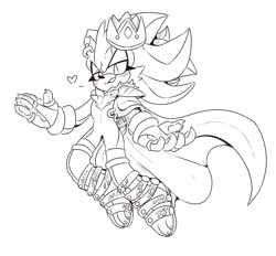 Size: 3987x3695 | Tagged: safe, artist:dirtyteethkoi, artist:dirtyteeths, shadow the hedgehog, 2020, arms out, blushing, boots, cape, claws, crown, eyelashes, fingerless gloves, heart, king shadow, lidded eyes, line art, looking at viewer, mid-air, monochrome, mouth open, pawpads, simple background, smile, solo, white background