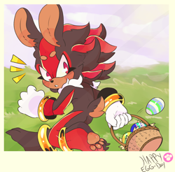 Size: 3050x3002 | Tagged: safe, artist:dirtyteethkoi, artist:dirtyteeths, shadow the hedgehog, rabbit, 2020, abstract background, basket, beanbrows, blushing, border, bunny ear, chest fluff, claws, clenched fists, clenched teeth, clouds, cute, daytime, easter, easter basket, easter egg, egg, english text, eyelashes, grass, holding something, looking back, neck fluff, outdoors, pawpads, paws, running, shadowbetes, solo, species swap, sun