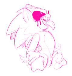 Size: 3088x3256 | Tagged: safe, artist:dirtyteethkoi, artist:dirtyteeths, oc, oc:sonic.exe, 2020, black sclera, bleeding, bleeding from eyes, blood, clenched fists, looking up, monochrome, mouth open, sharp teeth, simple background, sketch, solo, standing, tongue out, white background