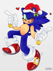 Size: 3010x3996 | Tagged: safe, artist:dirtyteethkoi, artist:dirtyteeths, sonic the hedgehog, 2020, bell, blushing, christmas, christmas outfit, christmas tree, eyelashes, grey background, hat, heart, looking at viewer, mid-air, mistletoe, mouth open, pointing, signature, simple background, smile, solo, wink