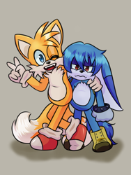Size: 1200x1600 | Tagged: safe, artist:josefinago97, kit the fennec, miles "tails" prower, 2025, arm around shoulders, beige background, duo, frown, gay, kit x tails, lidded eyes, looking at viewer, mouth open, shadow (lighting), shipping, simple background, smile, standing, v sign, wink