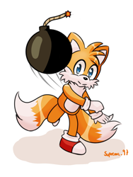 Size: 1200x1600 | Tagged: safe, artist:josefinago97, miles "tails" prower, 2025, bomb, looking at viewer, meme, shadow (lighting), signature, simple background, smile, solo, standing, standing on one leg, tails adventure, this will end in injury and/or death, throwing, white background, woe