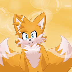 Size: 1400x1399 | Tagged: safe, artist:josefinago97, miles "tails" prower, 2023, abstract background, aged up, hands behind back, looking offscreen, older, smile, solo, standing