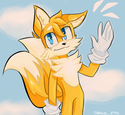 Size: 1952x1803 | Tagged: safe, artist:uniqueraven9185, miles "tails" prower, 2023, abstract background, beanbrows, clouds, ear fluff, looking at viewer, signature, sky background, smile, solo, standing, waving