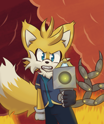 Size: 1199x1432 | Tagged: safe, artist:josefinago97, miles "tails" prower, nine, sonic prime, 2022, abstract background, angry, clenched teeth, ear fluff, fire, gun, holding something, looking at viewer, pointing gun at viewer, smoke, solo, standing, this will end in injury and/or death
