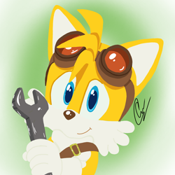 Size: 2048x2048 | Tagged: safe, artist:cdmgamingyt, miles "tails" prower, 2022, belt, goggles, gradient background, holding something, lineless, looking at viewer, signature, smile, solo, sonic boom (tv), wrench