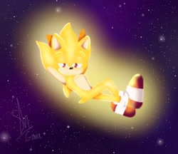 Size: 370x320 | Tagged: safe, artist:damngaia, sonic the hedgehog, super sonic, 2022, abstract background, arms behind head, flying, lidded eyes, looking at viewer, low res, signature, solo, star (sky), super form