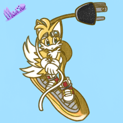 Size: 2048x2048 | Tagged: safe, artist:maribellearts, miles "tails" prower, 2024, blue background, extreme gear, holding something, plug, riders style, signature, simple background, solo, sonic riders