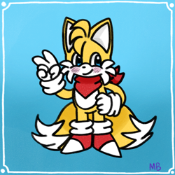 Size: 1280x1280 | Tagged: safe, artist:maribellearts, miles "tails" prower, 2023, bandana, blushing, flat colors, gradient background, hand on hip, looking at viewer, signature, smile, solo, standing, v sign
