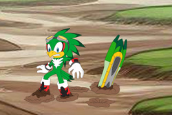 Size: 1378x927 | Tagged: safe, artist:mallum153, jet the hawk, bird, ai made background, beak, board, boot prints, boots, extreme gear, gloves, goggles, goggles on head, hawk, male, mud, muddy, part ai, question, questions, struggle, stuck, sunk, wetland