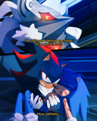 Size: 1639x2048 | Tagged: safe, artist:drakuqeo-elempalado, infinite the jackal, shadow the hedgehog, sonic the hedgehog, sonic forces, 2025, abstract background, bleeding, blood, carrying them, dialogue, english text, gay, phantom ruby, scratch (injury), shadow x sonic, shipping, standing, trio, wound