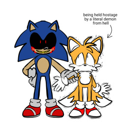 Size: 759x759 | Tagged: safe, artist:ilovetails, artist:insaneaboutthislittlefox, miles "tails" prower, sonic the hedgehog, oc, oc:sonic.exe, 2025, black sclera, bleeding, bleeding from eyes, blood, duo, english text, gay, hand on hip, holding another's arm, holding them, looking at them, looking at viewer, proship, shipping, shivering, shrunken pupils, simple background, smile, sonic x tails, sonic.exe x tails, standing, white background