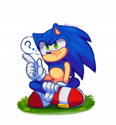 Size: 2048x2209 | Tagged: safe, artist:momokaliq, artist:momoloop, sonic the hedgehog, 2025, frown, grass, legs crossed, looking up, pointing, question mark, signature, simple background, sitting, solo, white background