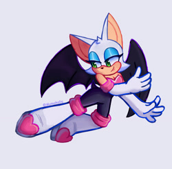 Size: 2048x2007 | Tagged: safe, artist:momokaliq, artist:momoloop, rouge the bat, 2025, flying, grey background, lidded eyes, looking back, looking offscreen, signature, simple background, smile, solo