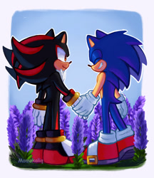 Size: 2048x2367 | Tagged: safe, artist:momokaliq, artist:momoloop, shadow the hedgehog, sonic the hedgehog, 2025, abstract background, cute, duo, eyes closed, flower, gay, grass, lavender, outline, shadow x sonic, shipping, signature, smile