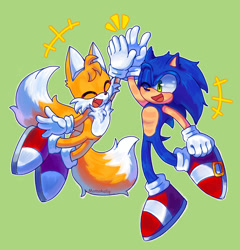 Size: 2048x2130 | Tagged: safe, artist:momokaliq, artist:momoloop, miles "tails" prower, sonic the hedgehog, 2024, clenched fist, cute, duo, eyes closed, green background, high five, looking at them, mid-air, mouth open, one fang, outline, signature, simple background, smile, sonabetes, tailabetes, wink