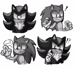 Size: 2048x1894 | Tagged: safe, artist:momokaliq, artist:momoloop, shadow the hedgehog, sonic the hedgehog, ..., 2024, blushing, bust, claws, duo, exclamation mark, expression sheet, frown, greyscale, looking at viewer, looking offscreen, monochrome, mouth open, one fang, question mark, shadow x sonic, shipping, signature, simple background, white background