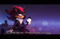 Size: 2386x1544 | Tagged: safe, artist:lonerdemiurgenail, shadow the hedgehog, abstract background, alternate version, dialogue, english text, holding something, sitting, solo