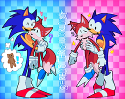 Size: 2048x1620 | Tagged: safe, artist:fredsters-world, miles "tails" prower, sonic the hedgehog, oc, oc:rewrite sonic, 2025, abstract background, blue shoes, blushing, carrying them, checkered background, duo, heart, question mark, signature, smile, star (symbol), stuffed animal