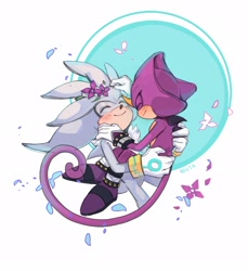 Size: 1787x1949 | Tagged: safe, artist:uta2400, espio the chameleon, silver the hedgehog, 2025, abstract background, blushing, carrying them, cute, duo, espibetes, eyes closed, flower, flower in ear, gay, petal, shipping, signature, silvabetes, silvio, smile, standing