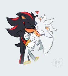 Size: 1240x1376 | Tagged: safe, artist:clouud_cat, shadow the hedgehog, silver the hedgehog, 2025, blushing, cute, duo, eyes closed, gay, grey background, heart, hugging, shadow x silver, shadowbetes, shipping, silvabetes, simple background, smile, standing