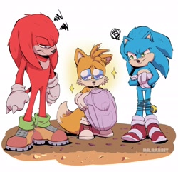 Size: 2046x1975 | Tagged: safe, artist:mr_r_abbit, knuckles the echidna, miles "tails" prower, sonic the hedgehog, sonic the hedgehog 3 (film), 2025, annoyed, drone, frown, holding something, lidded eyes, outdoors, sad, signature, simple background, sparkles, standing, team sonic, trio, white background