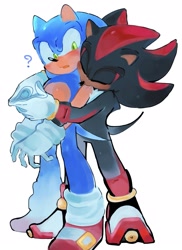 Size: 1163x1600 | Tagged: safe, artist:leeriar, shadow the hedgehog, sonic the hedgehog, 2025, biting, blushing, confused, duo, eyes closed, from behind, gay, hugging, hugging from behind, looking at them, mouth open, question mark, shadow x sonic, shipping, shoulder bite, simple background, white background