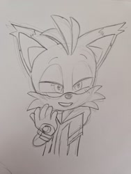 Size: 1536x2048 | Tagged: safe, artist:riri_galpal, miles "tails" prower, nine, sonic prime, 2025, clenched teeth, line art, looking offscreen, monochrome, pencilwork, smirk, solo, squinting, traditional media