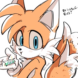 Size: 1280x1280 | Tagged: safe, artist:slow_footed8, miles "tails" prower, 2025, eating, food, japanese text, mint candy, signature, simple background, solo, that fox sure loves mint candy, white background