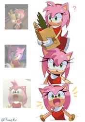 Size: 1218x1731 | Tagged: safe, artist:koasku, amy rose, sonic adventure, 2025, bag, groceries, holding hands, looking offscreen, mouth open, question mark, redraw, reference inset, signature, simple background, smile, solo, standing, white background