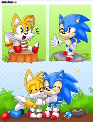 Size: 1282x1676 | Tagged: safe, artist:nonicpower, miles "tails" prower, moto bug, sonic the hedgehog, 2025, abstract background, badnik, bondage, chibi, classic sonic, classic tails, comic, cute, duo, eyes closed, grass, hugging, mouth open, one eye closed, outdoors, robot, rock, rope, sitting, smile, sonabetes, sparkles, standing, tailabetes, thumbs up, tied up, tree stump, unsexy bondage, wink