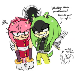 Size: 1495x1473 | Tagged: safe, artist:hanibananeez, amy rose, surge the tenrec, 2025, alternate outfit, amy is not amused, arm around shoulders, clenched teeth, dialogue, duo, english text, frown, hair down, looking at them, looking at viewer, simple background, smile, sonic boom (tv), unamused, white background